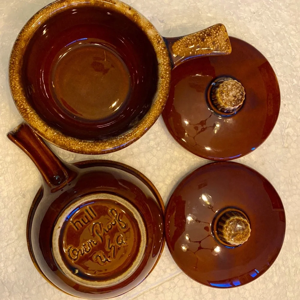HULL POTTERY Oven Proof Brown Dip Glaze Set of 2 Chili Soup Bowls w/Handle